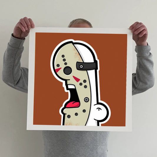 Ran holding a "shouter vs jason" print