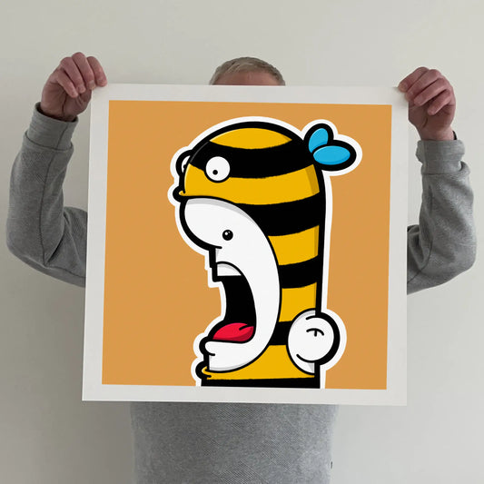 Ran holding a "shouter vs bee" print