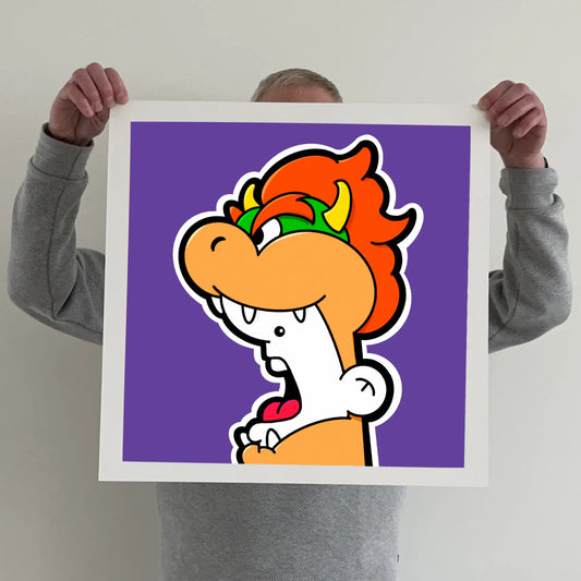 Ran holding a "shouter vs bowser" print