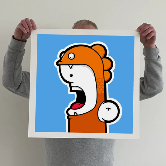 Ran holding a "shouter vs fish" print