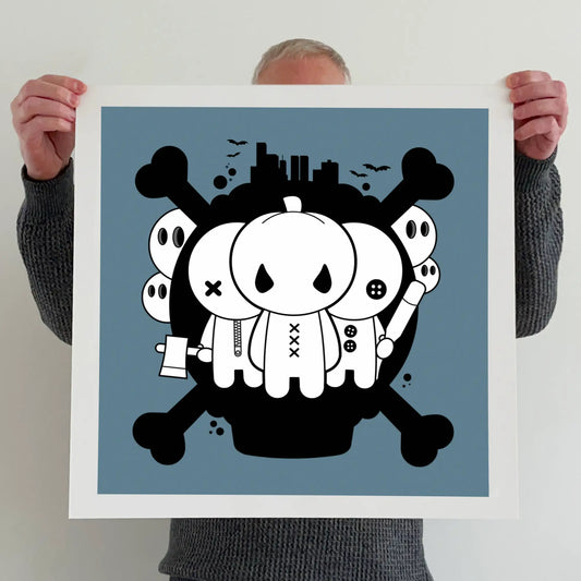 Ran holding a "The baddies are coming" print