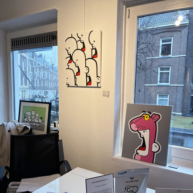 Shouter vs Pink Panther and That's just like your opinion original paintings at the Suye art gallery in Amsterdam