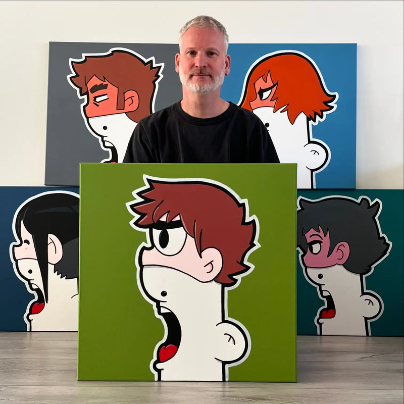 Ran Kunst surrounded by the Shouter vs Scott Pilgrim paintings