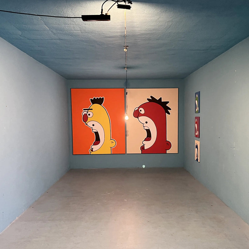 Shouter vs Bert and Ernie paintings by Ran Kunst at the WIHH gallery in Amsterdam