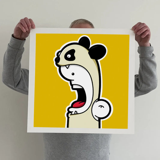 Ran holding a "shouter vs panda" print 