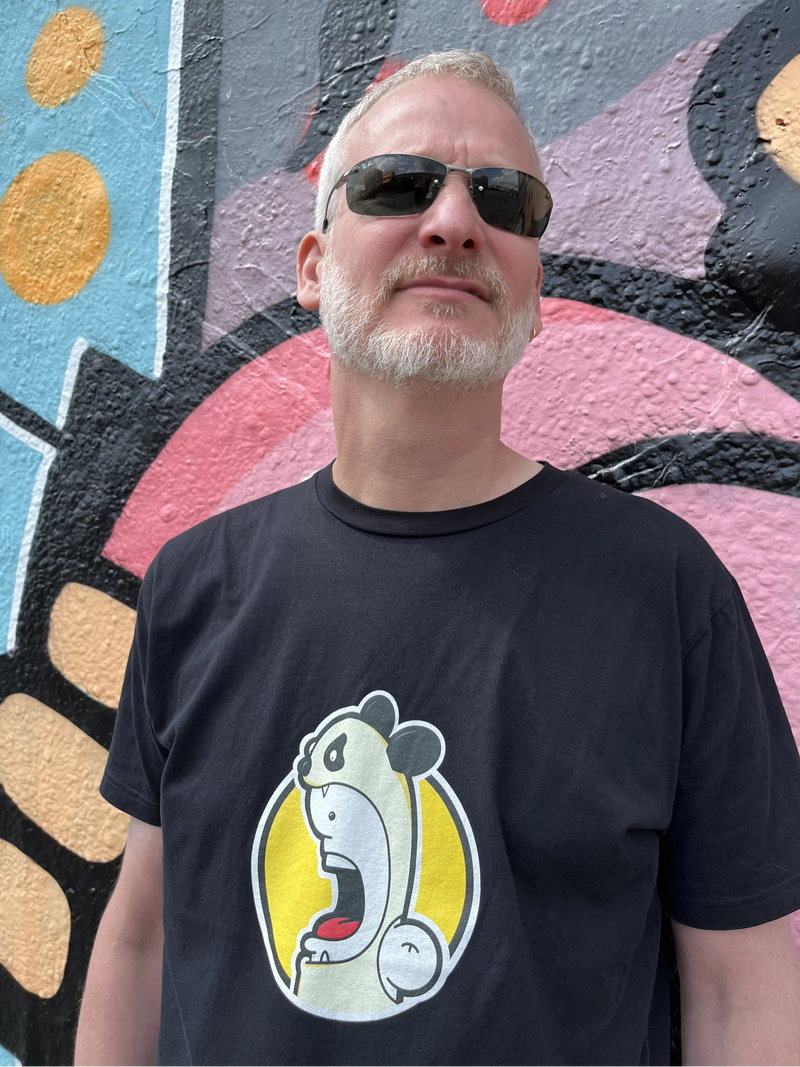 Ran Kunst wearing a Shouter vs Panda t-shirt