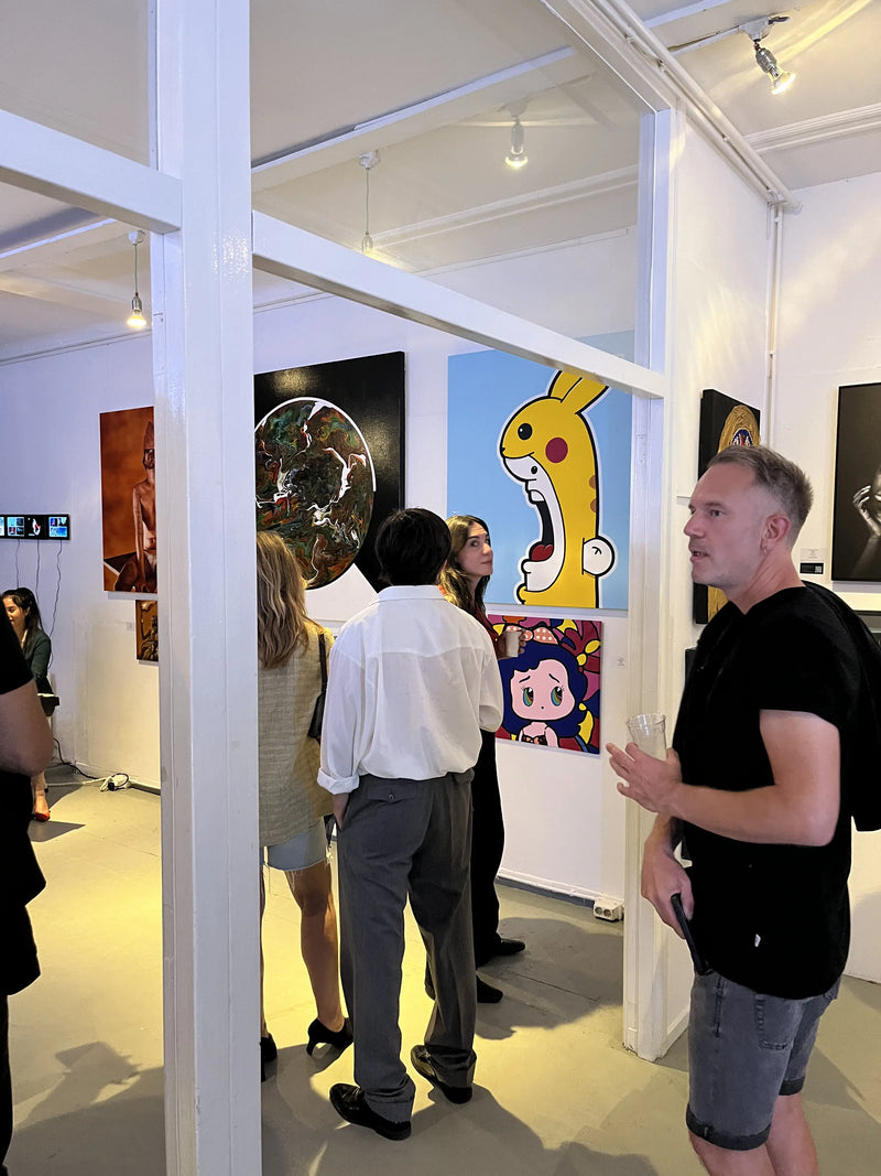 Shouter vs Pikachu original painting by Ran Kunst at the Holy art gallery exposition in Amsterdam