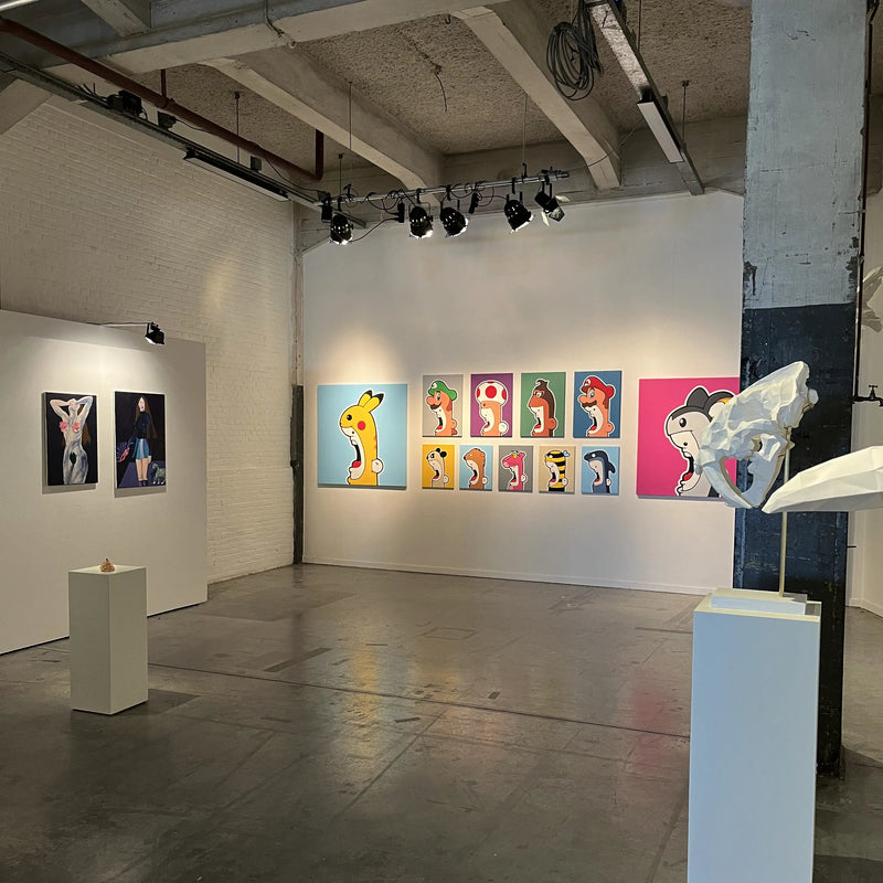 A wall filled with Shouter art by Ran Kunst at the Re(Discoveries) art show in Amsterdam