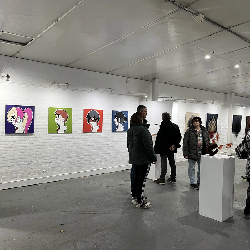 An art gallery interior with several people viewing colorful Shouter vs Scott pilgrim  paintings, by Ran Kunst, displayed on a white brick wallat Mick's art gallery