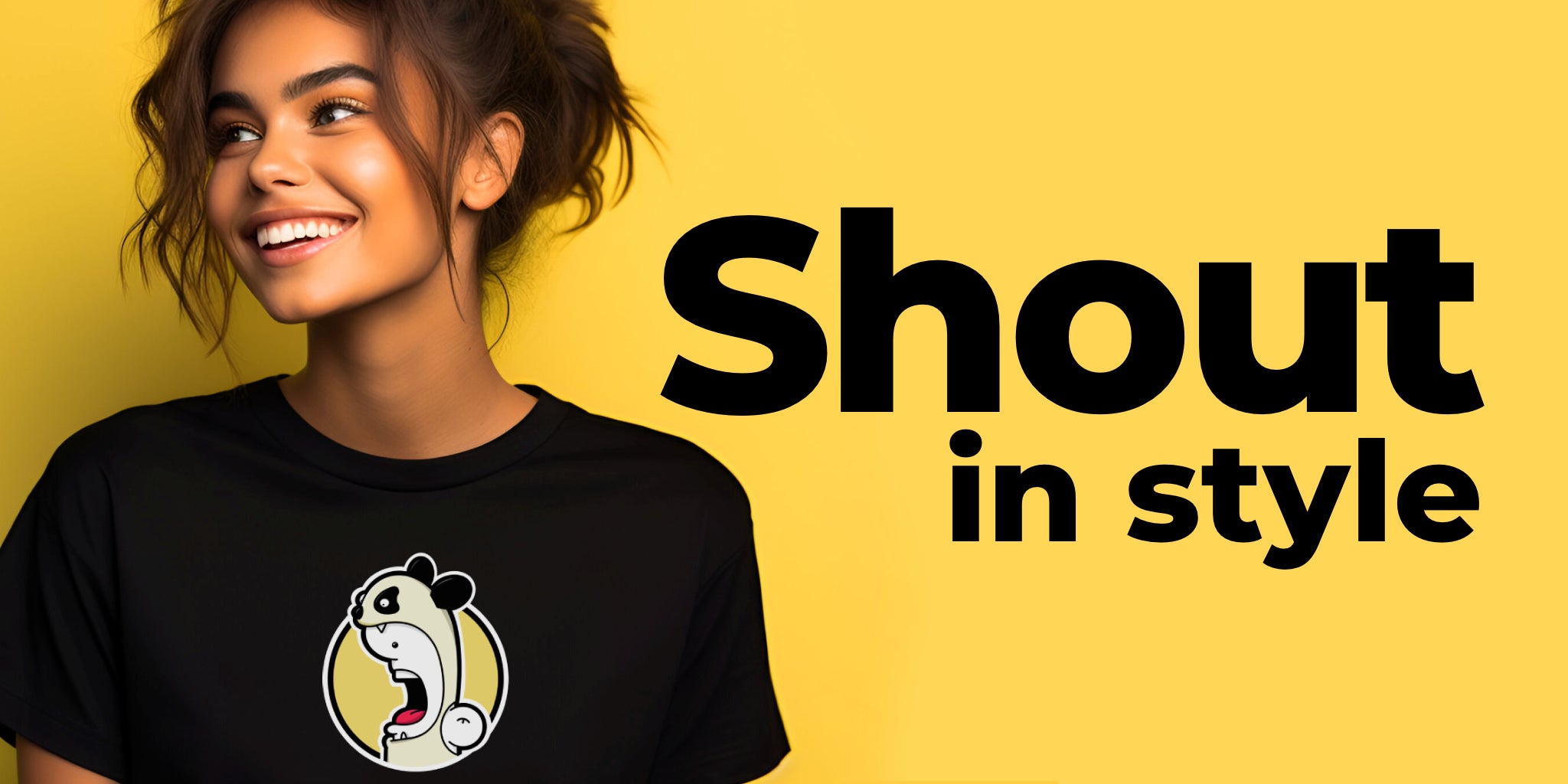 Girl wearing a black t-shirt with the Shouter vs Panda design on a yellow background with text 'Shout in style'.
