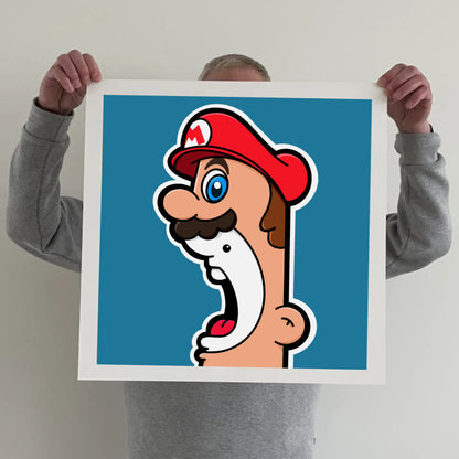 Ran holding a "shouter vs mario" print 