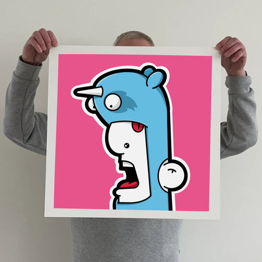 Ran holding a "shouter vs unicorn" print 
